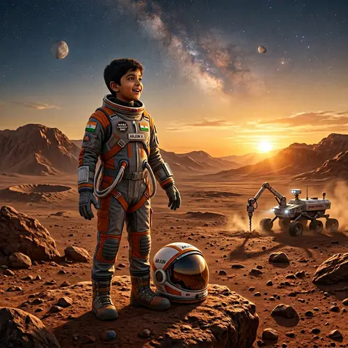 South Asian Boy on Rust-Colored Martian Landscape | Mars Exploration