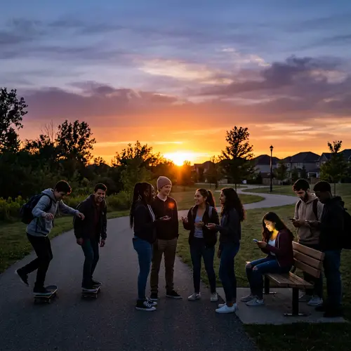 Diverse Teen Group Silhouette in Suburban Setting