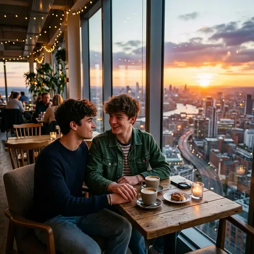 Romantic Sunset Café Scene with Two Young Lovers