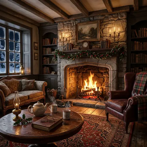 Cozy Vintage Living Room with Fireplace Art