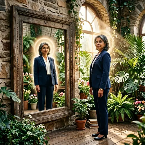 Empowering Reflection: South Asian Woman Embracing Confidence