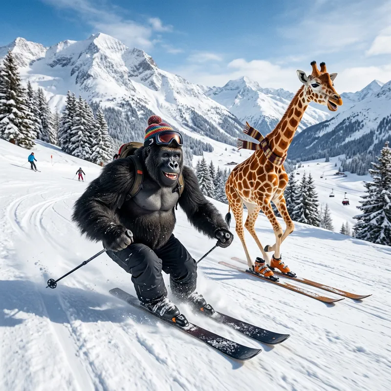 A Gorilla and Giraffe Skiing Down a Snow-Covered Mountain