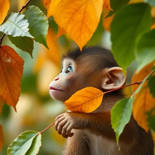 Amazed Baby Monkey & Colorful Leaves