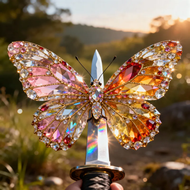 Majestic Gemstone Butterfly on Japanese Katana