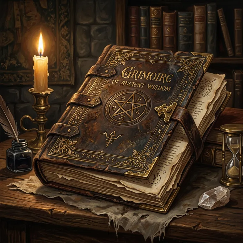 Vintage Leather-Bound Grimoire with Ornate Gold Detailing - Mystical Atmosphere