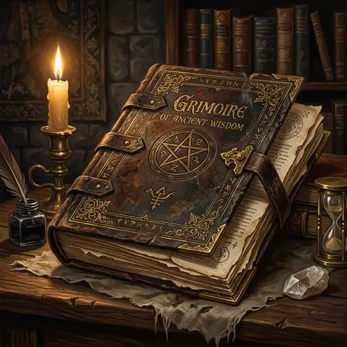 Vintage Leather-Bound Grimoire with Ornate Gold Detailing