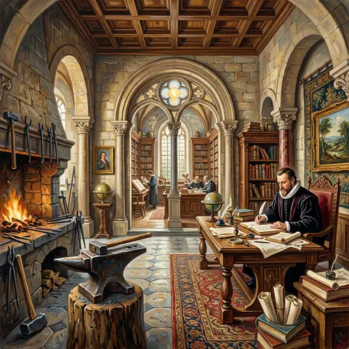 Renaissance-Inspired Acrylic Painting of Enlightening Office Scene