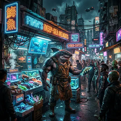 Dystopian Future Shark-Humanoid Creature Entrepreneur in Vibrant Market