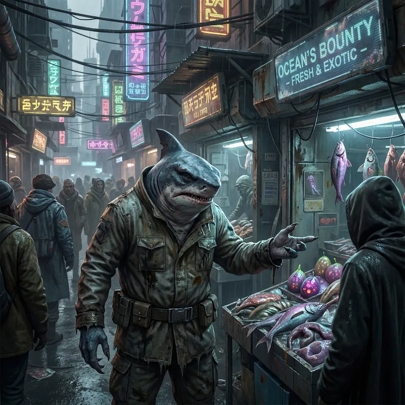 Grimey Shark-Humanoid Selling Fresh Fish in Futuristic Market