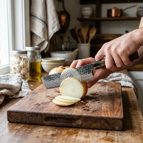 Artisanal Nakiri Knife Slicing Onion