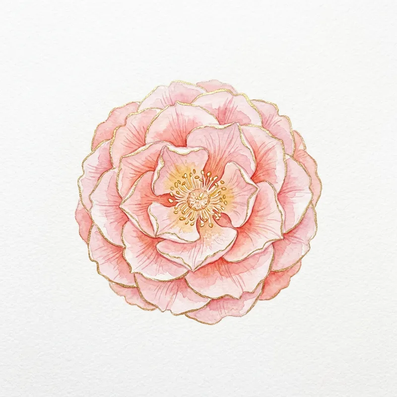 Elegant Pink Flower with Gold-Tipped Petals in Delicate Watercolor Style