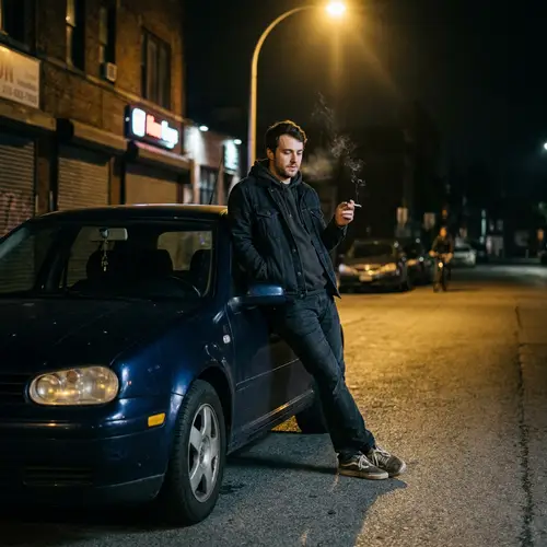 Lean on Car at Night: Cigarette & Street Light Vibes