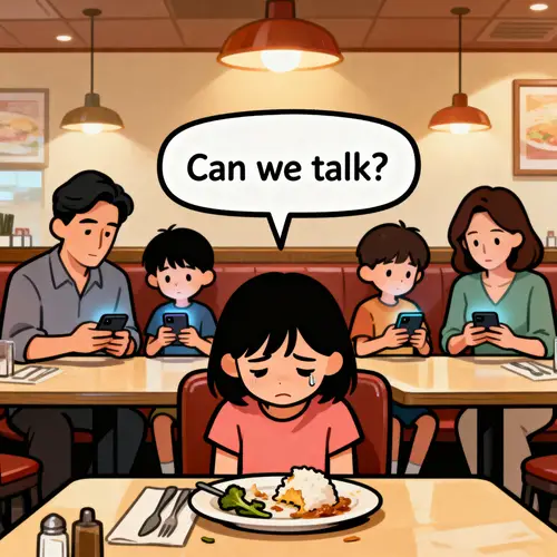 Satirical Cartoon: Child Dining Alone with Family