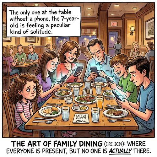 Satirical Cartoon: Child Dining Alone with Family