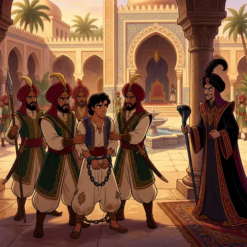 Aladdin Captured: Prince Chained and Watched by Jafar