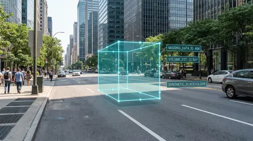 3D Wireframe Car Placeholder in Modern City Scene