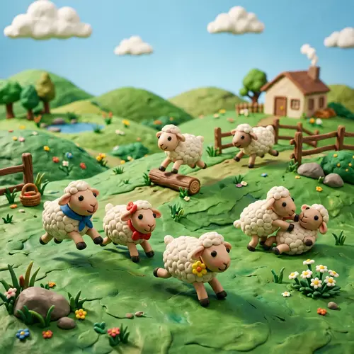 Clay Animation of 7 Playful Little Sheep