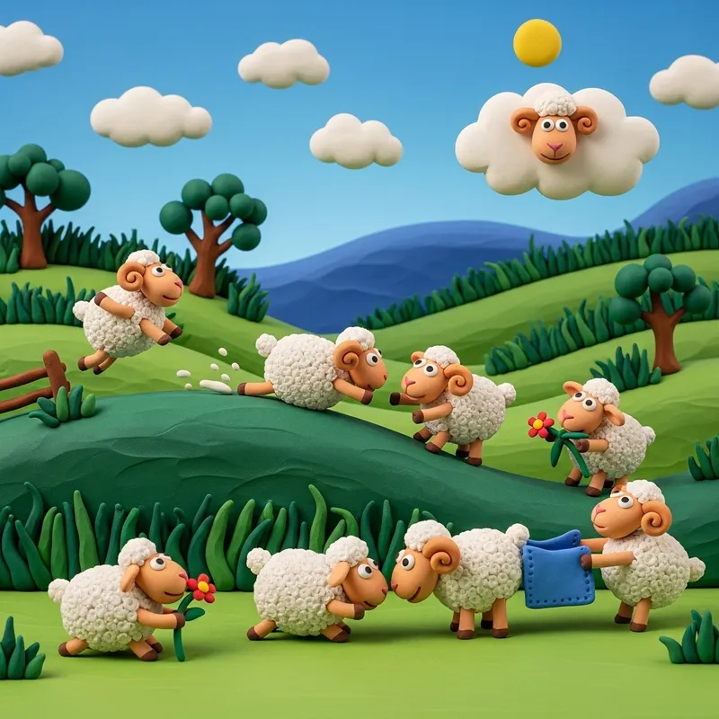 Clay Animation of 7 Playful Little Sheep
