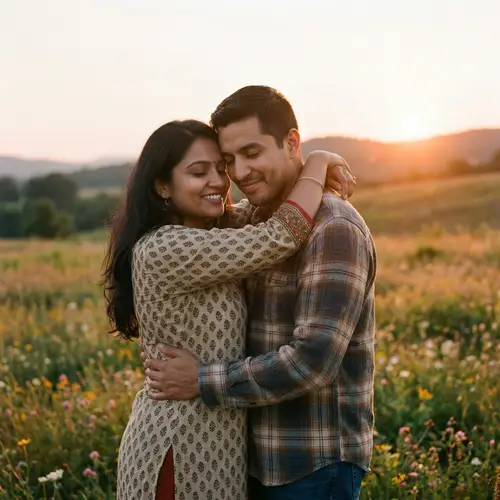 Loving Embrace of a South Asian Woman and Hispanic Man in a Blooming Field