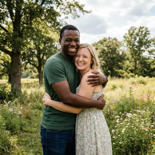 Genuine Companionship Outdoors: Black Man & Blonde Woman Hugging