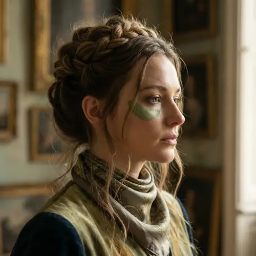 Attractive Woman with Green Undereye Patches and Elaborate Hairdo