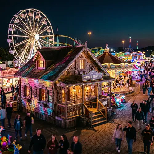 Nighttime Amusement Park with Illuminated Wooden House