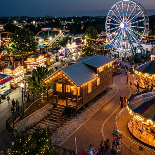 Realistic Single-Story Wooden House in Nighttime Amusement Park
