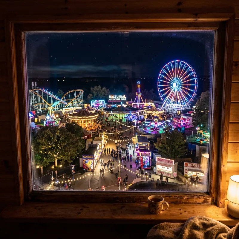 Realistic Night-time View of Wooden House Overlooking Amusement Park