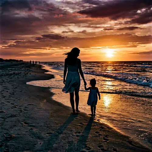 Woman and Toddler Walking on the Beach Silhouette