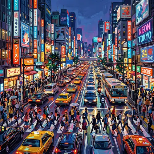 Vibrant Urban Street Life - Dynamic Digital Art