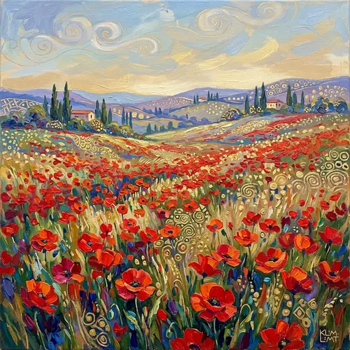 Vibrant Field of Red Poppies, Nature-Inspired Painting | Gustav Klimt