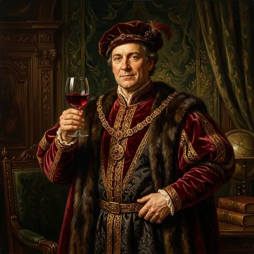 Regal Figure with Red Wine in Luxurious Setting - Classical Oil Painting Style