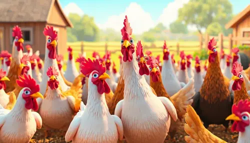 Vibrant 3D Cartoon Farm with Whimsical Hens