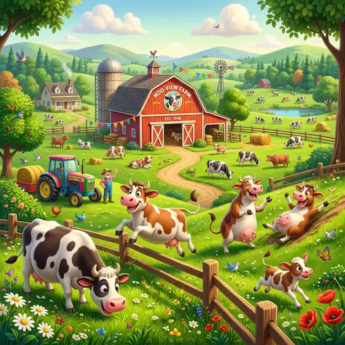 Whimsical 3D Cartoon Farm with Playful Cows