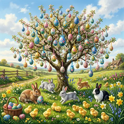 Enchanting Easter Tree with Colorful Eggs, Rabbits & Chicks