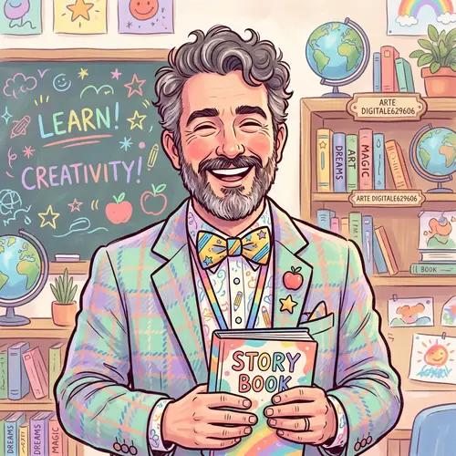 Whimsical Male Teacher Portrait | Pastel Colors, Digital Art