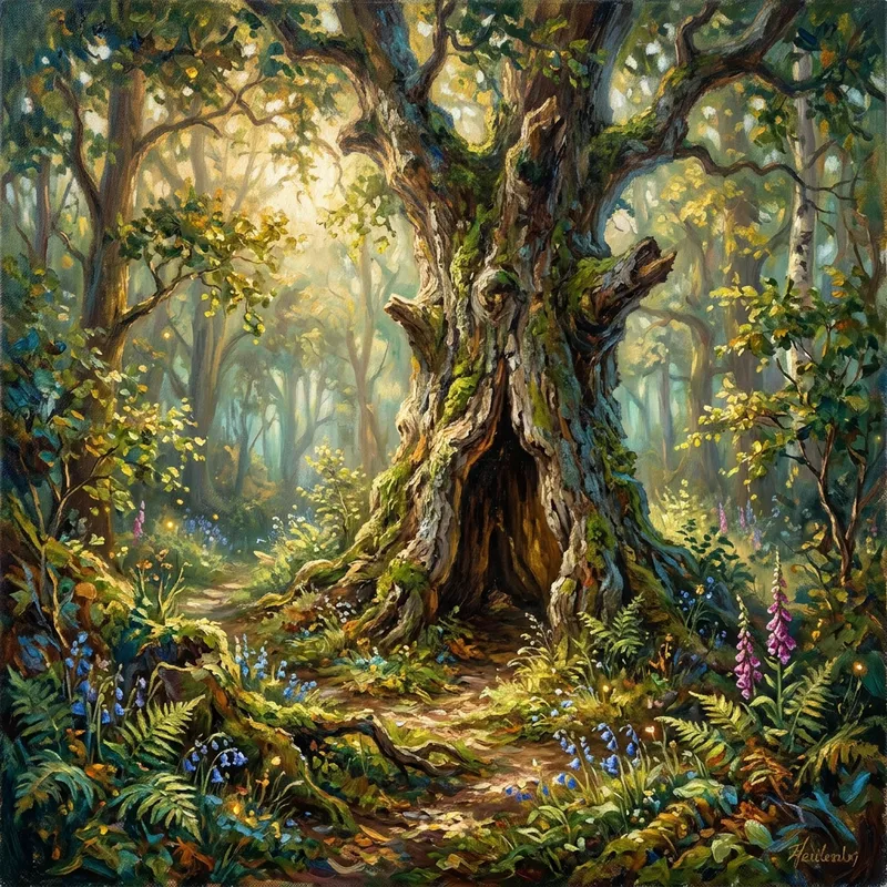 Enchanting Forest Scene with Ancient Hollow Tree | Impressionist Style