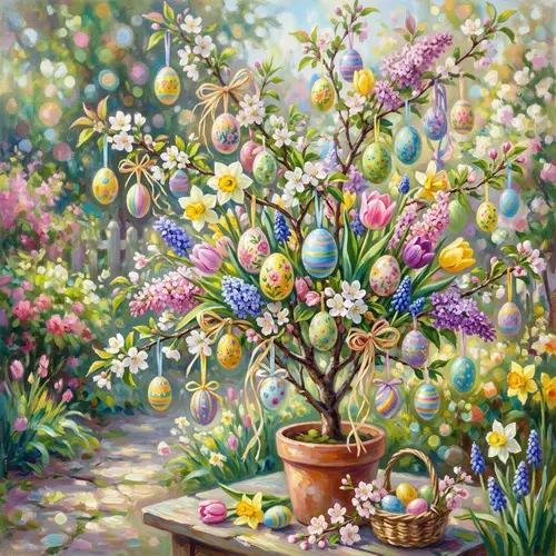 Easter Tree with Colorful Eggs and Spring Flowers | Impressionistic Joy