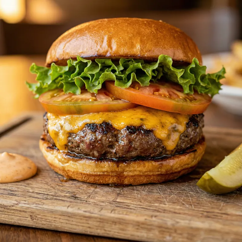 Mouthwatering Cheeseburger: Juicy Patty, Melted Cheese & Fresh Veggies Mouthwatering Cheeseburger: Juicy Patty, Melted Cheese & Fresh Veggies