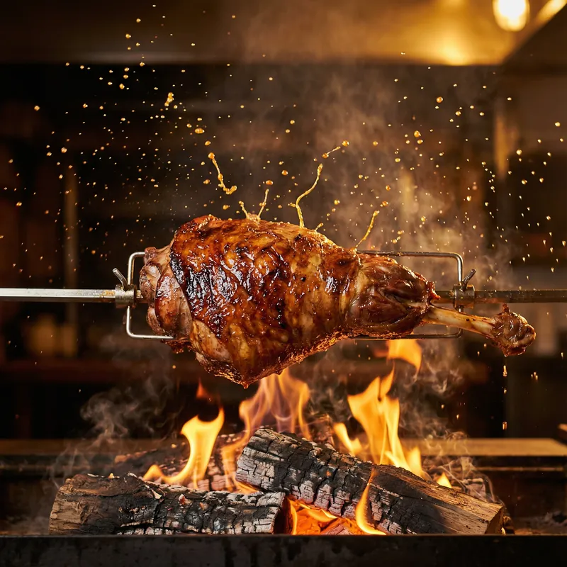 Rotating Meat on Spit - Sizzling Juices & Vibrant Colors