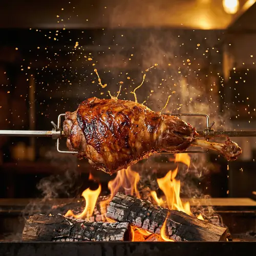 High-Speed Rotating Meat - Sizzling Juices and Vibrant Colors