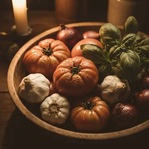 Rustic Still Life: Fresh Tomatoes, Garlic, Basil & Onions