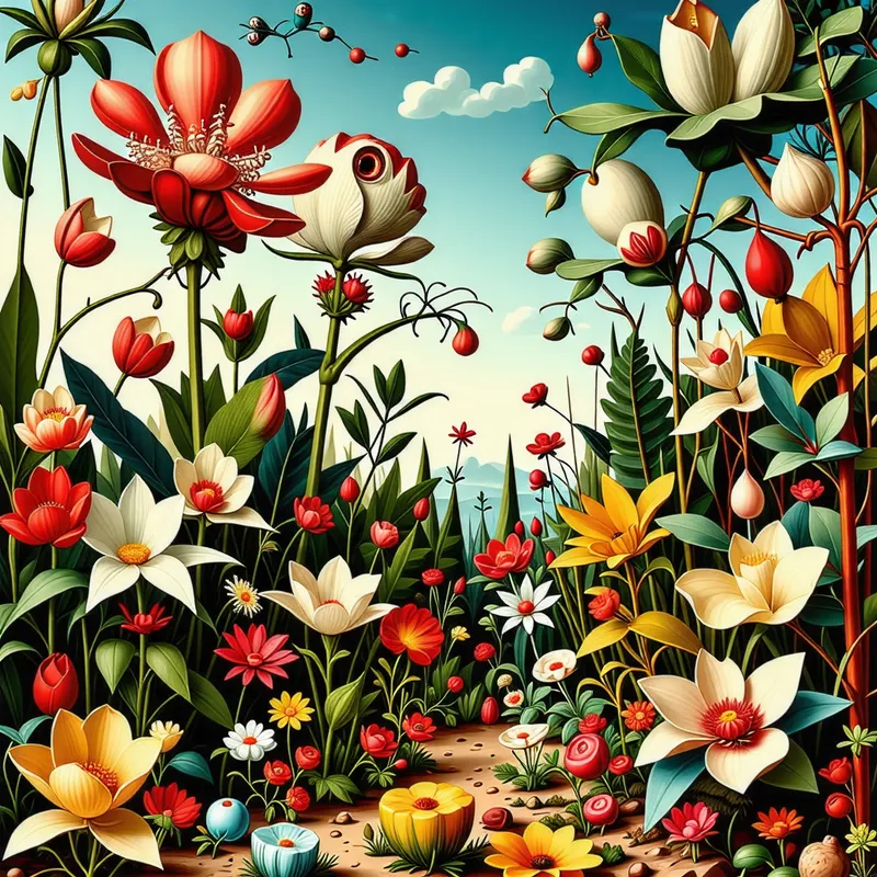 Surreal Garden Scene Inspired by Hieronymus Bosch - Otherworldly Colors & Fantastical Creatures Surreal Garden Scene Inspired by Hieronymus Bosch - Otherworldly Colors & Fantastical Creatures