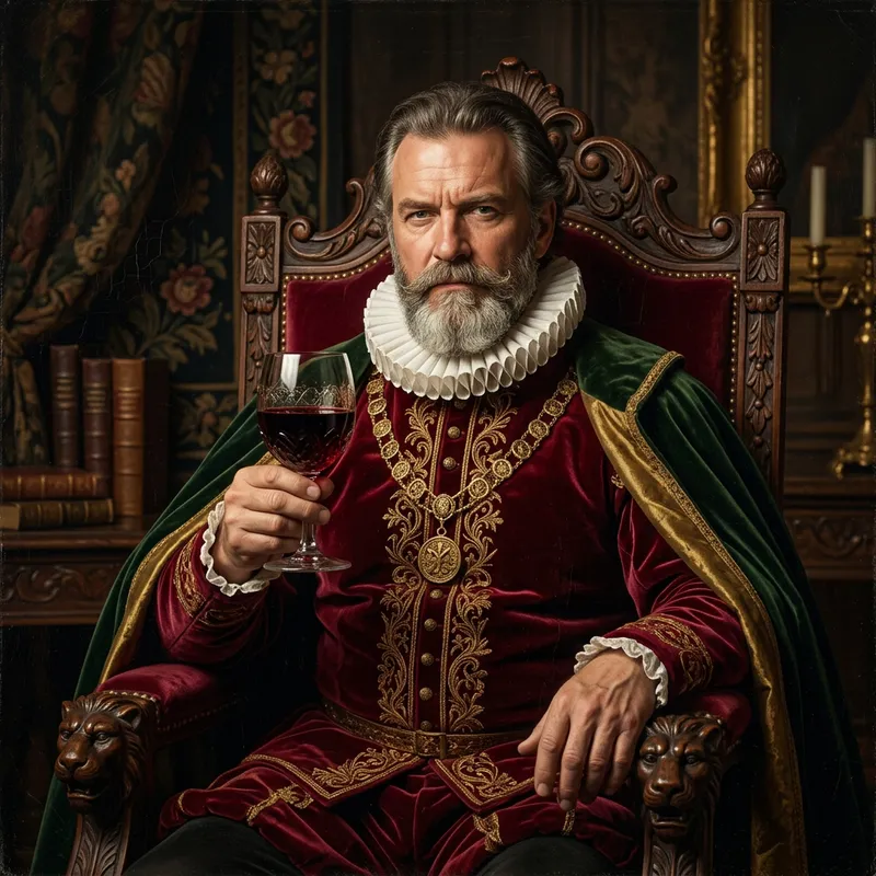 Regal Public Figure with Red Wine in Classical Artistry