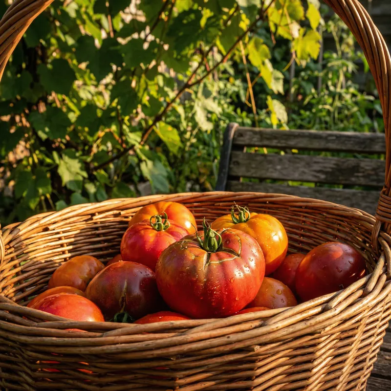 Rustic Still Life of Wicker Basket filled with Plump Tomatoes Rustic Still Life of Wicker Basket filled with Plump Tomatoes
