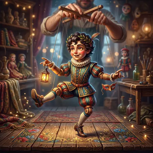 Whimsical Wooden Puppet in Vibrant Colors - Fantasy Art