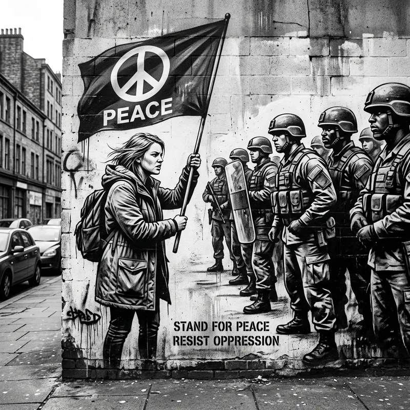 Powerful Mural: Lady with Peace Flag Confronts Military