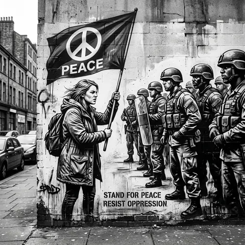Powerful Mural: Lady with Peace Flag Confronts Military
