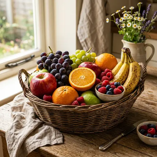 Rustic Basket Filled with Fresh Fruits | Warm Colors & Natural Light