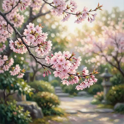 Serene Cherry Tree in Blossom Garden | Nature-Inspired Art